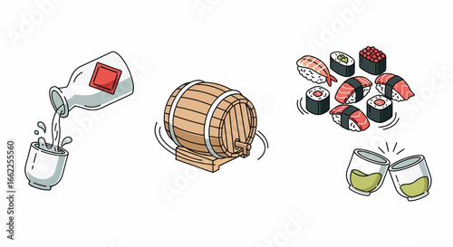 Cartoon illustrations of Japanese food and drink, including sake, sushi, and wooden barrels.