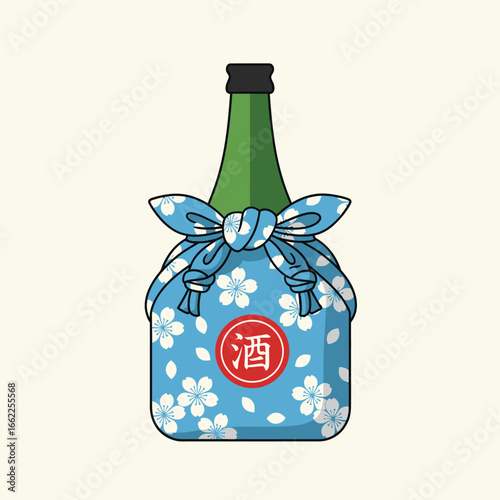 A Japanese sake bottle wrapped in a blue furoshiki cloth with a white cherry blossom pattern.