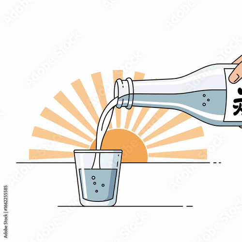 A hand pours traditional Japanese sake from a bottle into a small glass, set against a stylized rising sun background.