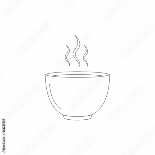 A simple black line art illustration of a steaming hot bowl, representing soup, broth, or a warm meal.