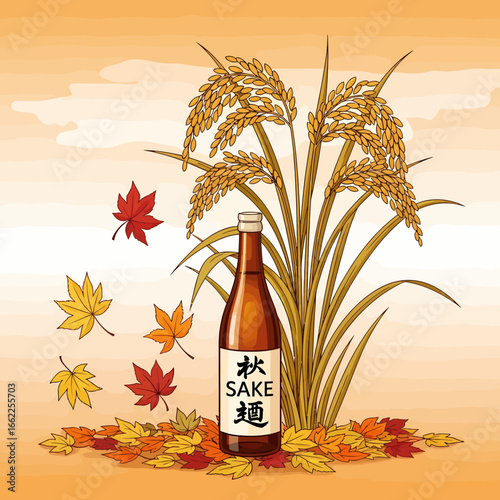 A bottle of Japanese autumn sake stands with a golden rice plant amidst falling maple leaves.