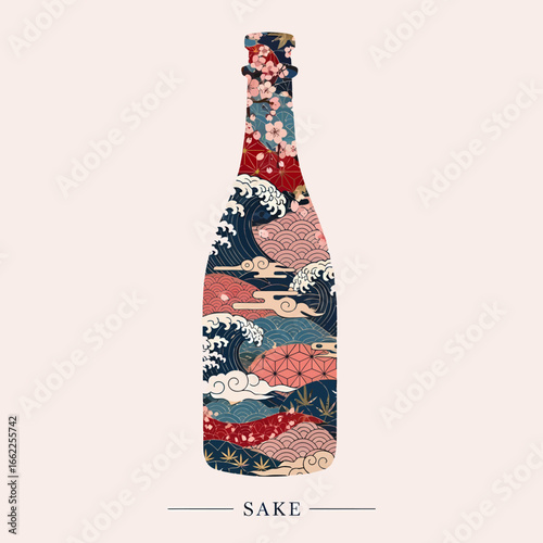 A sake bottle silhouette filled with a traditional Japanese pattern of waves, clouds, and cherry blossoms.