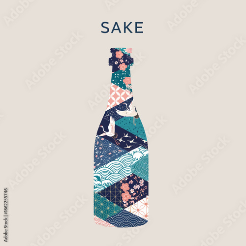 A sake bottle silhouette filled with a colorful collage of traditional Japanese patterns like waves and cranes.