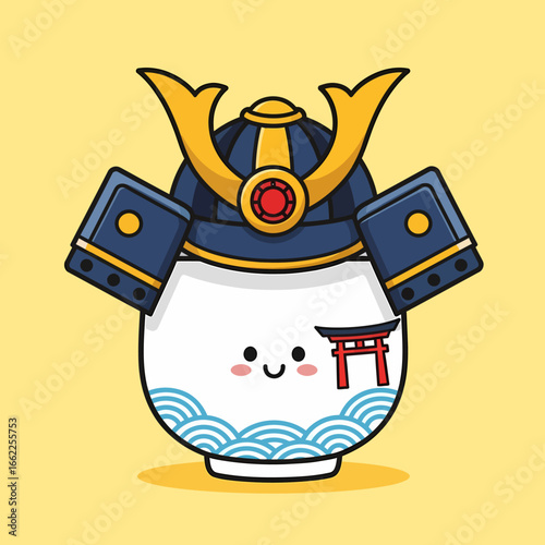 A cute cartoon Japanese bowl with a smiling face, wave pattern, and torii gate wearing a samurai helmet.