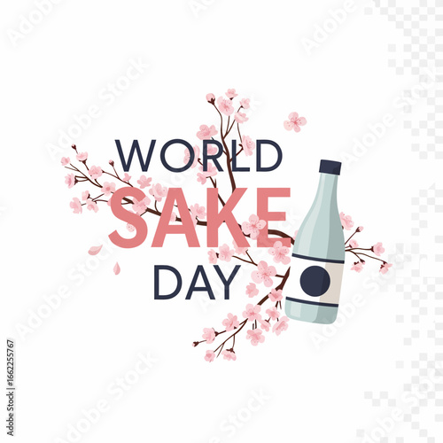 World Sake Day celebration graphic with a traditional sake bottle surrounded by blooming pink cherry blossom branches.