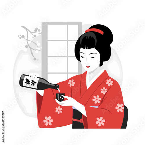 An elegant Japanese woman in a red floral kimono pours sake into a traditional cup.