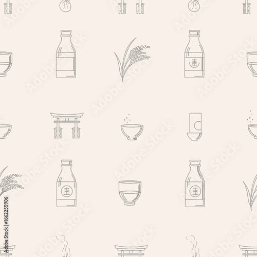 A seamless pattern of Japanese sake culture icons, including bottles, cups, rice stalks, and torii gates in a minimalist line art style.