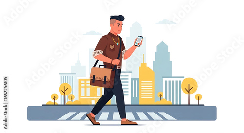 Urban Dweller Navigating Cityscape While Engaging with Smartphone for Connectivity and Communication within a Modern Metropolitan Environment