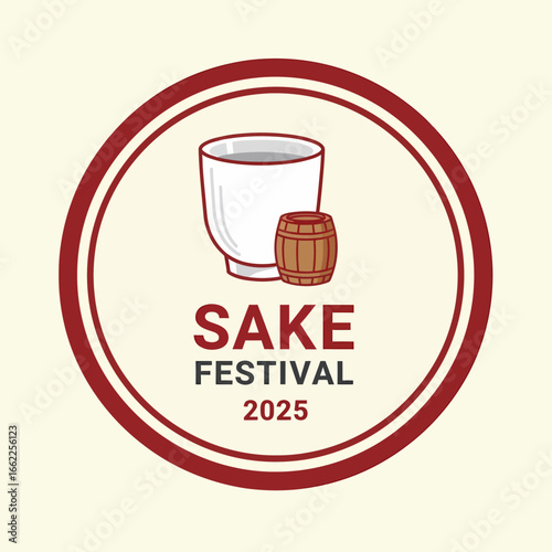 Circular logo for the Sake Festival 2025, featuring an illustrated Japanese sake cup and a traditional wooden barrel.