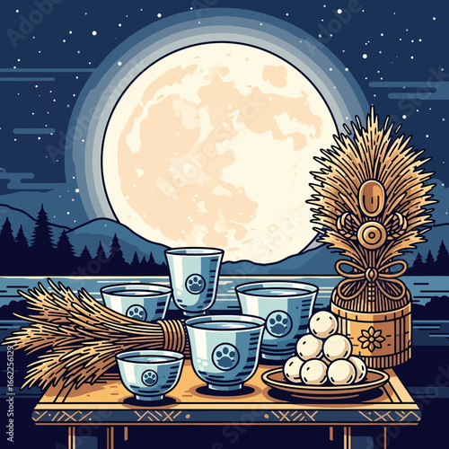 A traditional Japanese Tsukimi moon-viewing ceremony with dango dumplings and pampas grass under a full moon.
