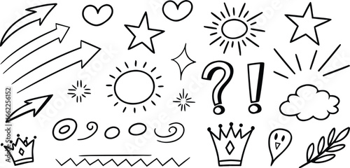 A collection of hand drawn doodle elements including arrows stars suns hearts question marks exclamation points crowns clouds and abstract shapes on a white background for design and illustration