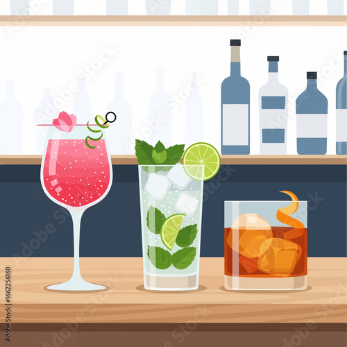 Three colorful alcoholic cocktails, a Cosmopolitan, Mojito, and Old Fashioned, on a wooden bar counter.