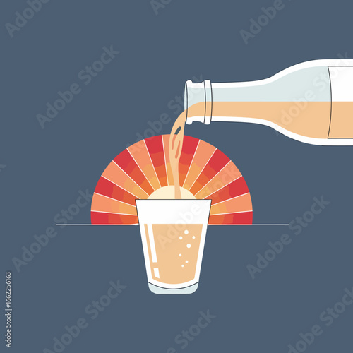 A bottle pours a golden beverage into a glass, creating a stylized sunrise on the horizon.
