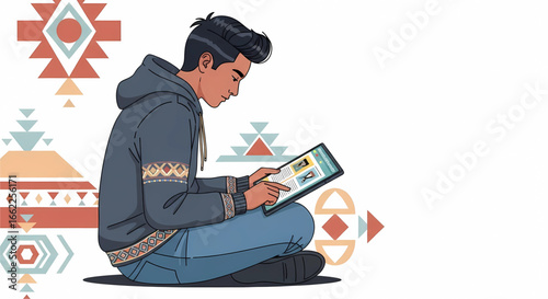 Young man engages with digital tablet, sitting cross-legged, amidst geometric native american inspired patterns against a white backdrop, illustrating modern connectivity