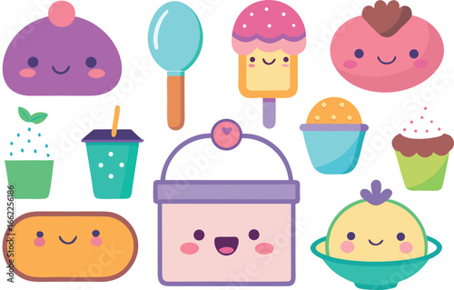 A charming collection of kawaii style cartoon desserts and drinks including ice cream cones popsicles cups and a bucket all with adorable smiling faces and vibrant colors on a white background