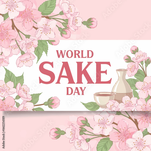 An elegant illustration for World Sake Day featuring a traditional sake set surrounded by pink cherry blossoms.