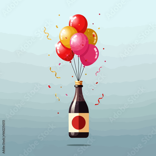 An illustration of a celebratory bottle with a red circle label, lifted by colorful balloons and surrounded by confetti.