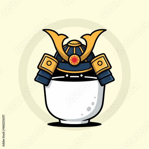 A cute cartoon coffee cup character wearing a traditional Japanese samurai helmet.