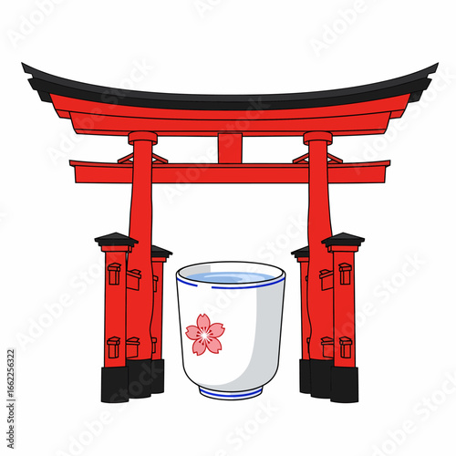 An illustration of a traditional Japanese red Torii gate with a ceramic teacup featuring a pink sakura flower.