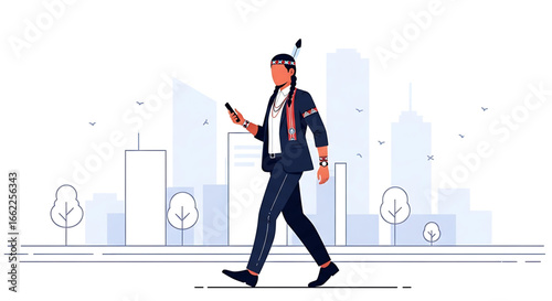 Modern confluence blending indigenous heritage with metropolitan life portrayed through a native american professional navigating the urban landscape using advanced mobile technology