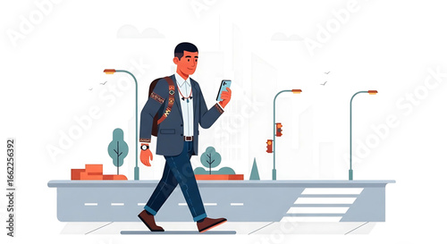 A modern man immersed in his digital world while navigating the urban landscape showcasing the fusion of technology and pedestrian life an illustration