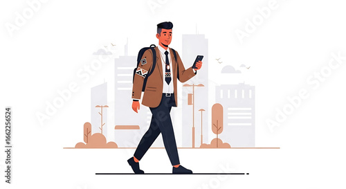 Urban wanderer a young professional strolls through the city immersed in his mobile world blending style and tech amidst a cityscape backdrop symbolizing the modern lifestyle