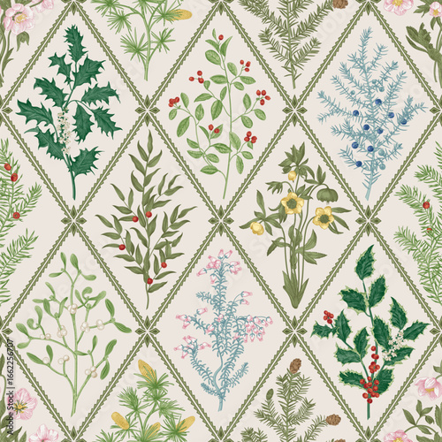 Floral trellis. Seamless vector pattern. Winter flora. 
