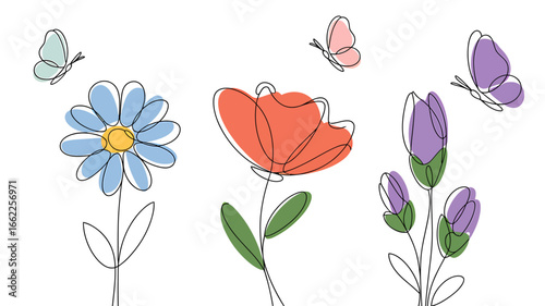 Minimalist illustration of three flowers in rgb