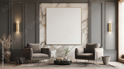 a living room with two chairs and a large poster