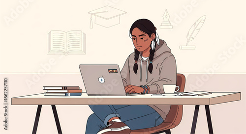 Indigenous student pursuing academic excellence with laptop and books representing dedication to both modern education and cultural heritage amidst sketched symbols of learning