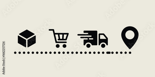A simple illustration of a delivery process from package to shopping cart to truck to location pin icon
