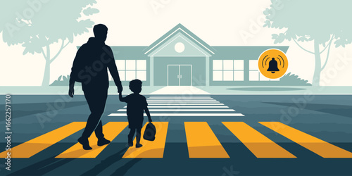 A silhouette of a parent and child crossing a crosswalk in front of a school with a notification bell
