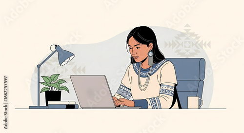 Indigenous woman engrossed in her laptop, blending modern technology with ancestral heritage, showcasing a harmonious fusion of culture and contemporary lifestyle in a serene workspace