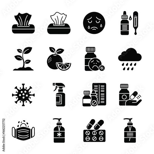 Medical Illness and Health Care Icons Representing Sickness and Recovery