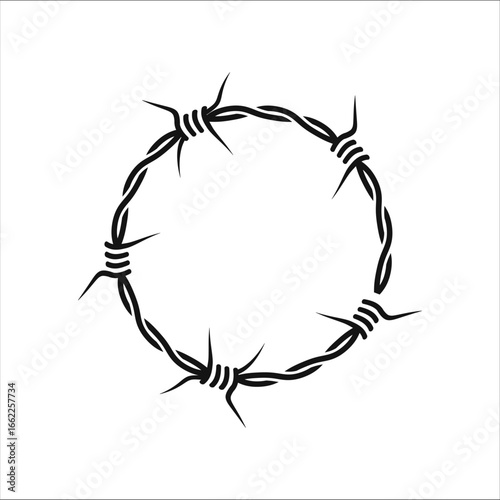 Circular barbed wire frame with twisted sharp edges represents protection, security, and boundary.
