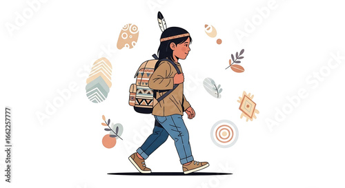 A young explorer, adorned with a feather, embarks on a journey with a patterned backpack, amidst a flurry of abstract shapes and stylized nature elements hinting at adventure and cultural appreciation