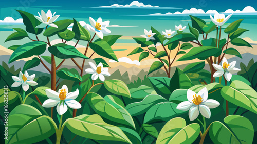 Fresh white flowering Houttuynia cordata plant spreads gracefully in panoramic view, delicate blossoms glowing, vibrant foliage thriving, natural harmony unfolding, serene botanical elegance captured,