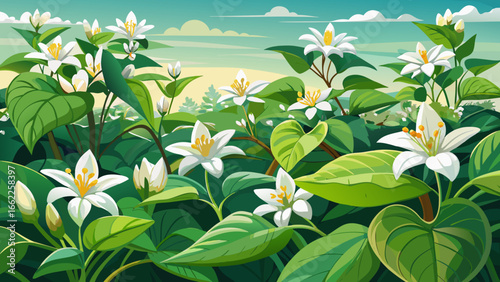 Fresh white flowering Houttuynia cordata plant spreads gracefully in panoramic view, delicate blossoms glowing, vibrant foliage thriving, natural harmony unfolding, serene botanical elegance captured,