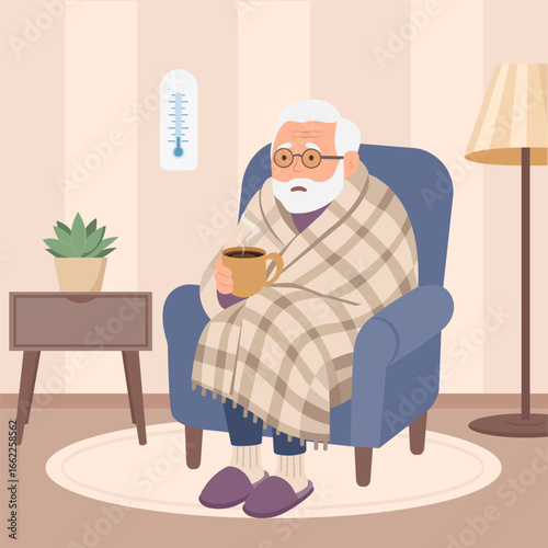 Old man feeling cold at home with home heating trouble.Low house temperature and thermometer on wall. Person freezes from cold warming up with hot drink. Vector