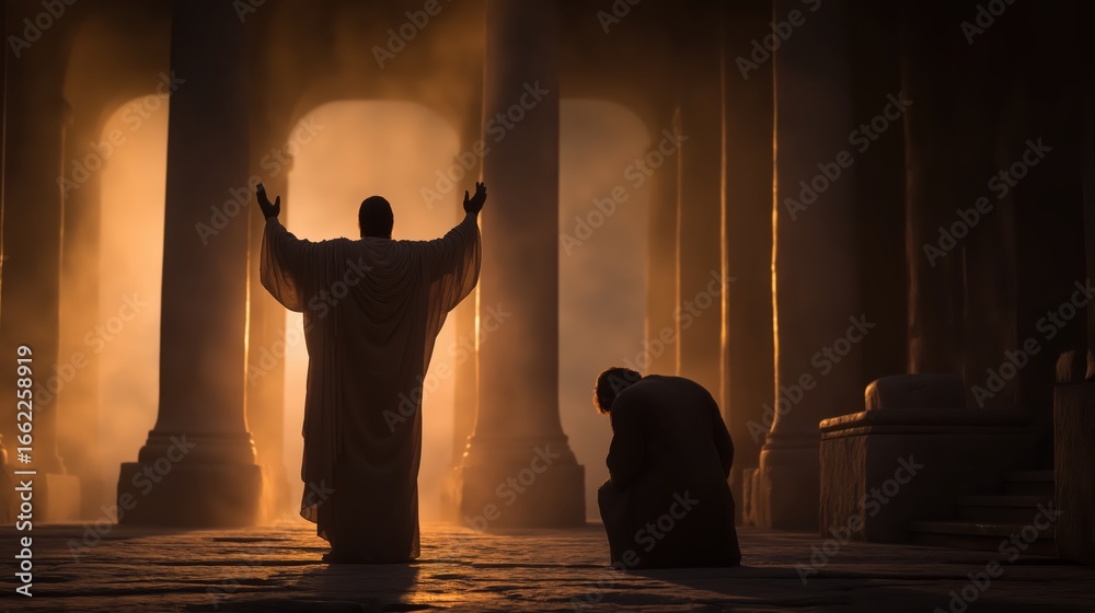 Fototapeta premium The parable of the Pharisee and the tax collector, illustrating the contrast between pride and humble repentance.