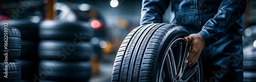 A vulcanizer and auto mechanic handles a new tire in a modern workshop. Surrounded by stacked tires and blurred cars, the scene reflects a clean, professional, and efficient service environment.