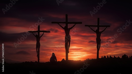 The crucifixion of Christ on Golgotha, symbolizing sacrifice, redemption, and divine love.