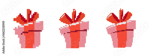 Three pixel art gift boxes show vibrant red bows. perfect for retro-themed design projects.