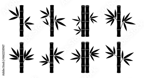 A versatile collection of black bamboo stalk silhouettes, ideal as vector graphic icons for nature or Asian-inspired design projects