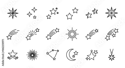 A comprehensive vector set of celestial and astronomical line icons. Features various stars, sun, moon, comets, and constellation symbols