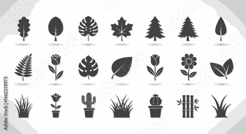 Minimalist collection of botanical icons. A set of flat black glyphs depicting leaves, flowers, trees, and various houseplants for graphic design