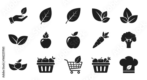 Healthy eating and lifestyle icons, including fruits, vegetables, and healthy food symbols