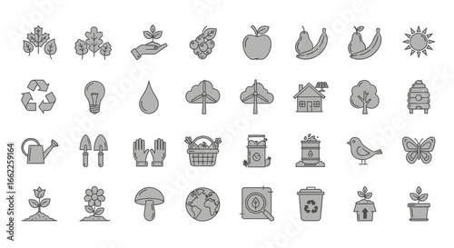 A curated collection of nature, gardening, and environmental sustainability line icons. Perfect for illustrating eco-friendly concepts, conservation, and organic lifestyle designs