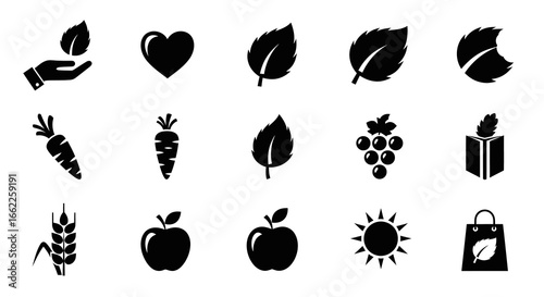 Diverse set of black silhouette icons representing organic food, healthy lifestyle, and eco-friendly concepts for nature, wellness, and sustainability-focused designs