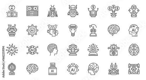 Collection of thin line icons for artificial intelligence, machine learning, and robotics. Vector technology symbol pack